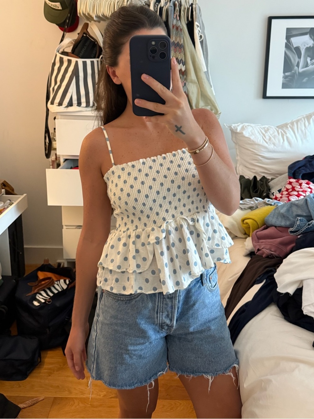 Zara Smocked Polka Dot Ruffle Cami Top